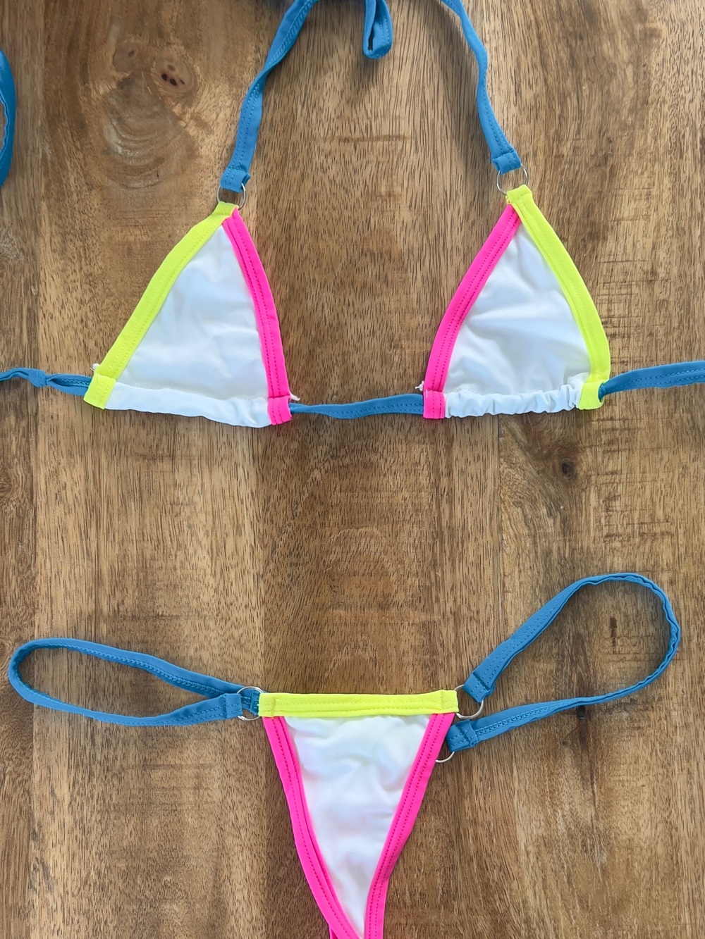 Neon Trim White Triangle Bikini Set - Blue, Pink & Yellow Accents